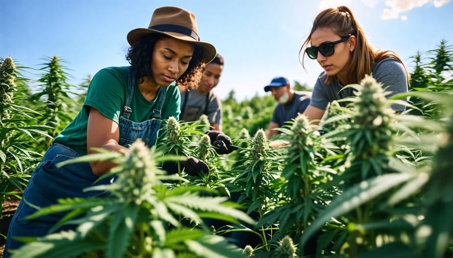 Community-driven initiative in THCA cultivation showing people tending to plants