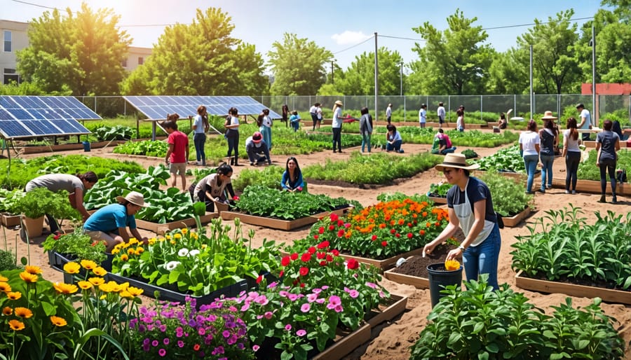 Members of a diverse community working together in a thriving garden, cultivating THCA flowers with compost bins, drip irrigation, and solar panels representing sustainable agriculture practices.