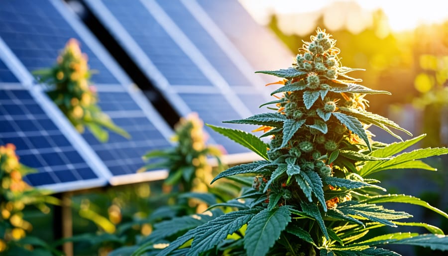 Organic THCA farming setup illustrating sustainable practices with solar panels and water recycling