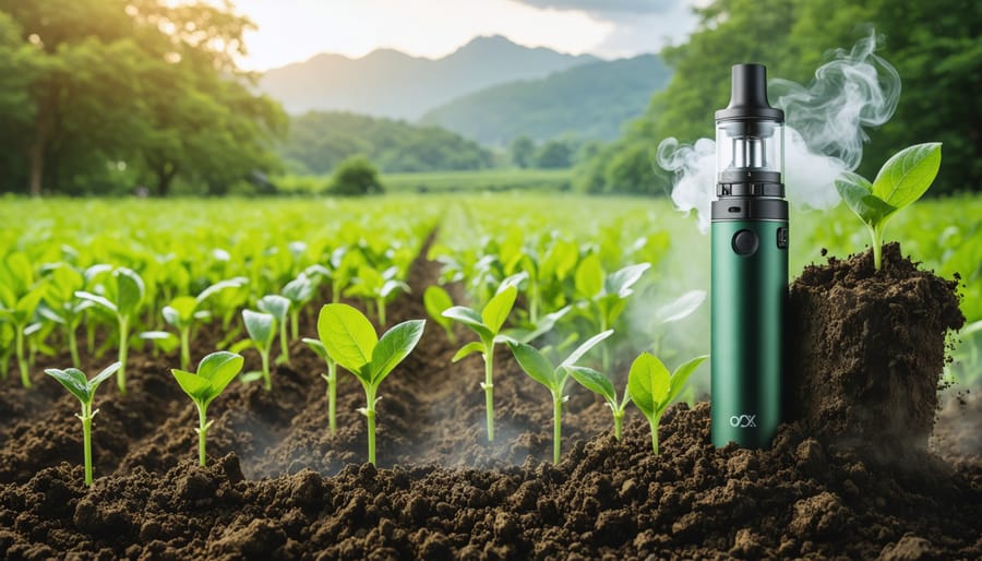 Conceptual illustration showcasing the integration of sustainable farming with eco-conscious vaping practices, symbolizing the interconnected journey toward environmental sustainability.