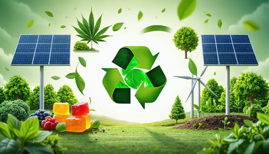 Conceptual illustration of a closed-loop system for sustainable THC gummy production, featuring solar panels, wind turbines, organic farms, and recycling symbols surrounding a central THC gummy.